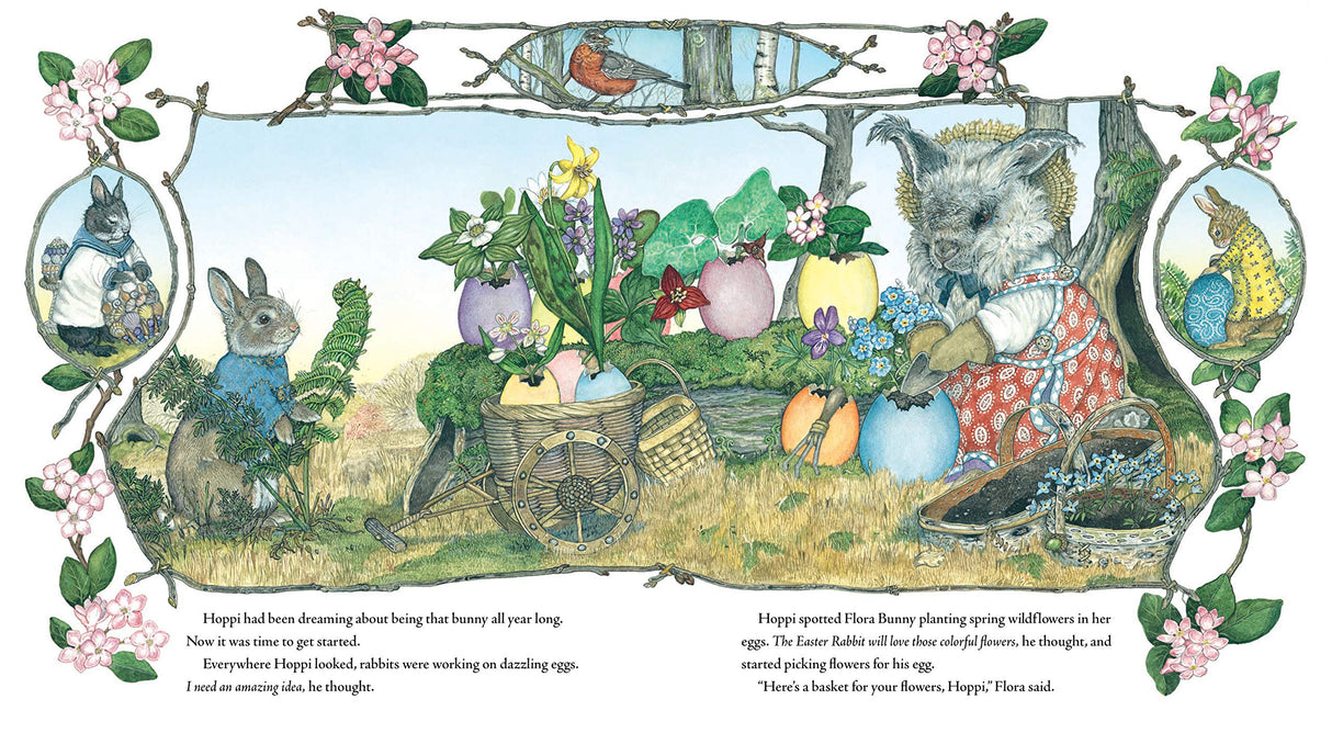 The Easter Egg showing Hoppi the bunny and Flora Bunny with colorful Easter eggs in a floral garden setting.