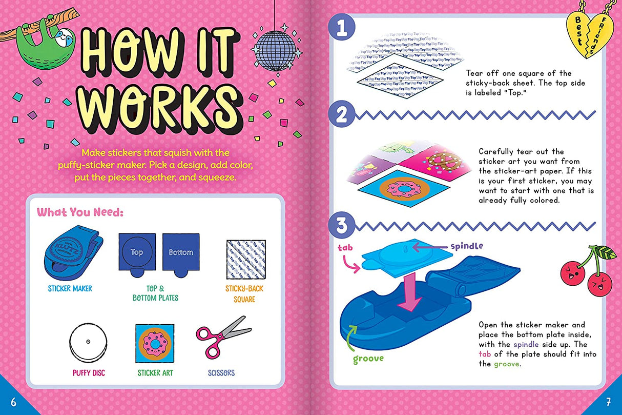 Make Your Own Puffy Stickers kit with sticker maker, puffy discs, sticky backs, and colorful sticker art squares instructions.