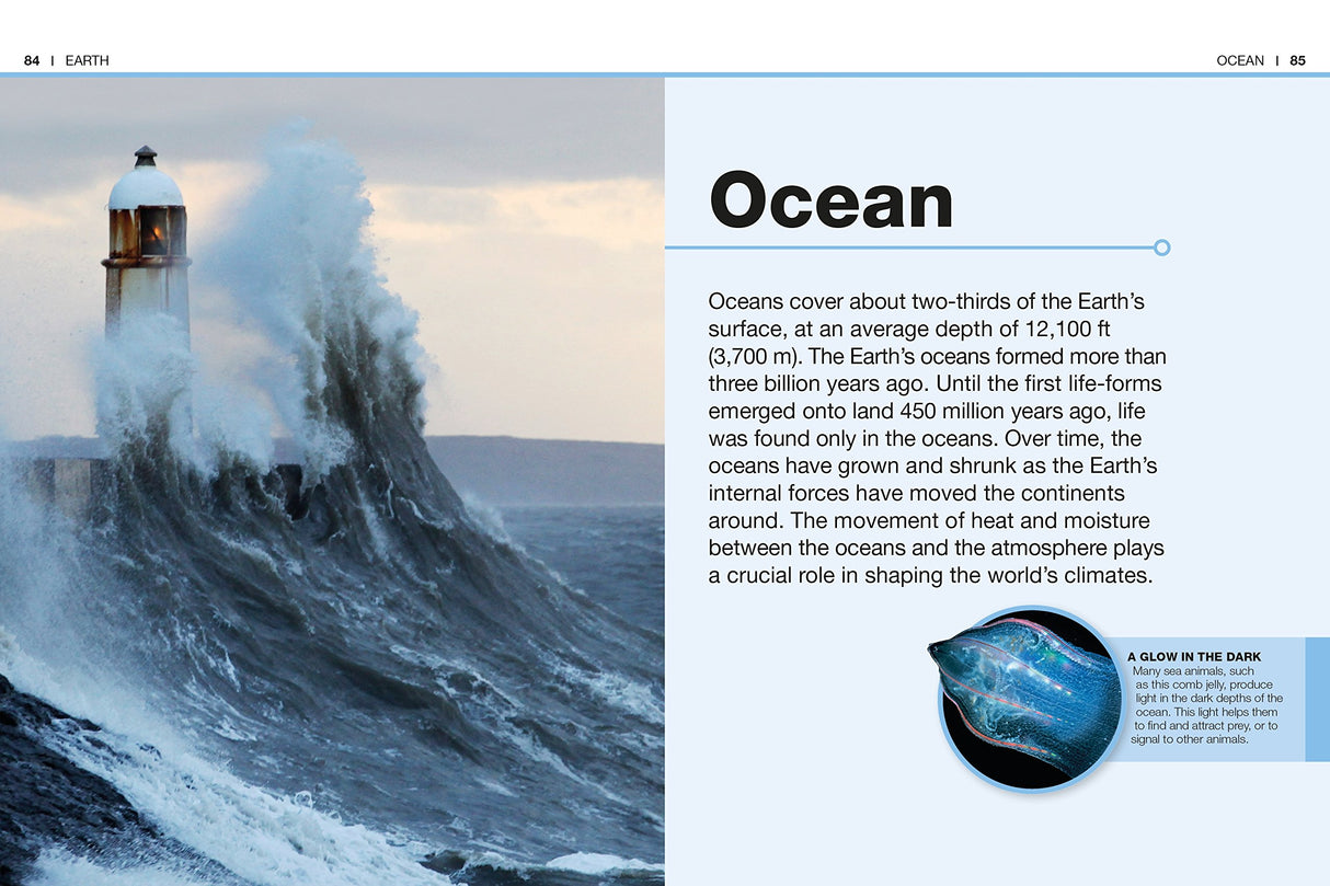 Pocket Genius Earth showing ocean waves crashing by a lighthouse with educational text about Earth's oceans.