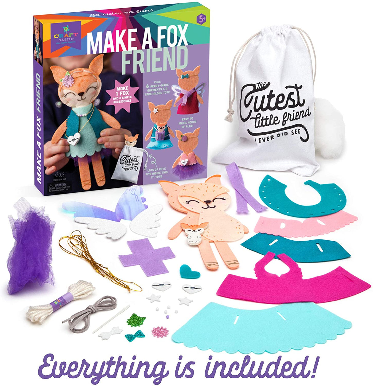 Make A Fox Friend kit with fox stuffie parts, clothes, accessories, and a travel tote for kids to sew and dress up.