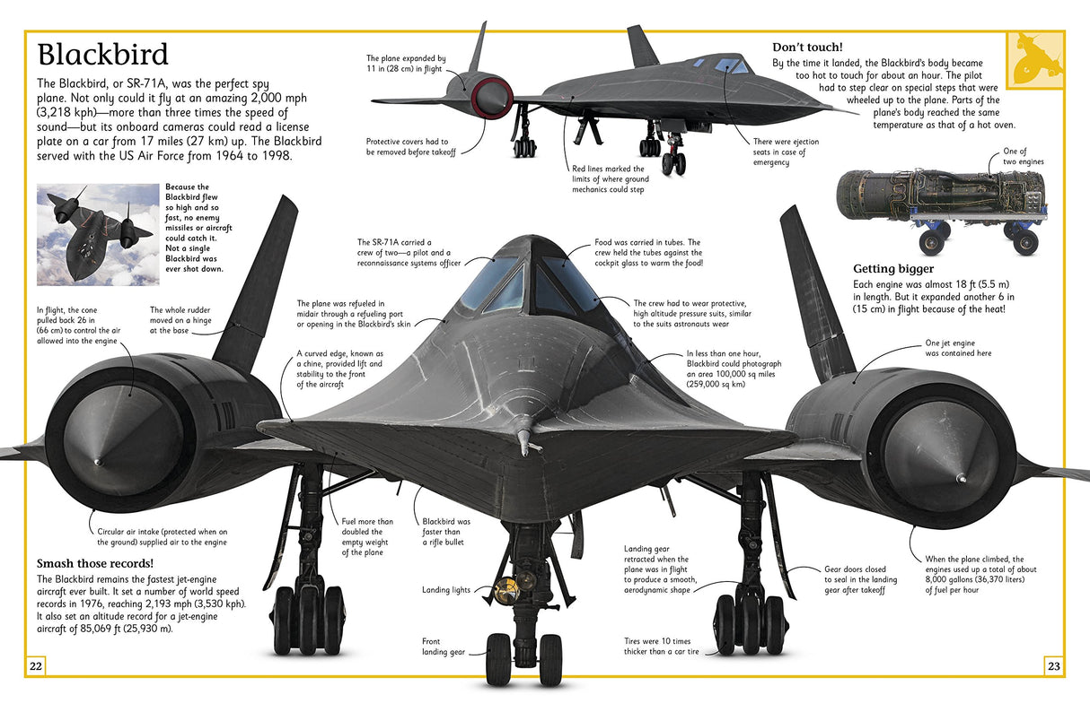 Big Book of Airplanes showing detailed annotated illustration of a Blackbird military spy plane from front view.