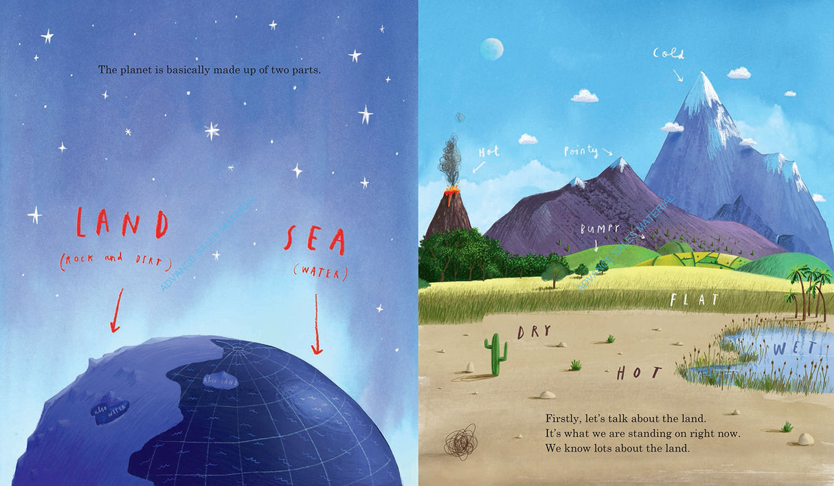 Here We Are book illustration showing planet Earth with land, sea, and diverse terrain features in a friendly, educational style.