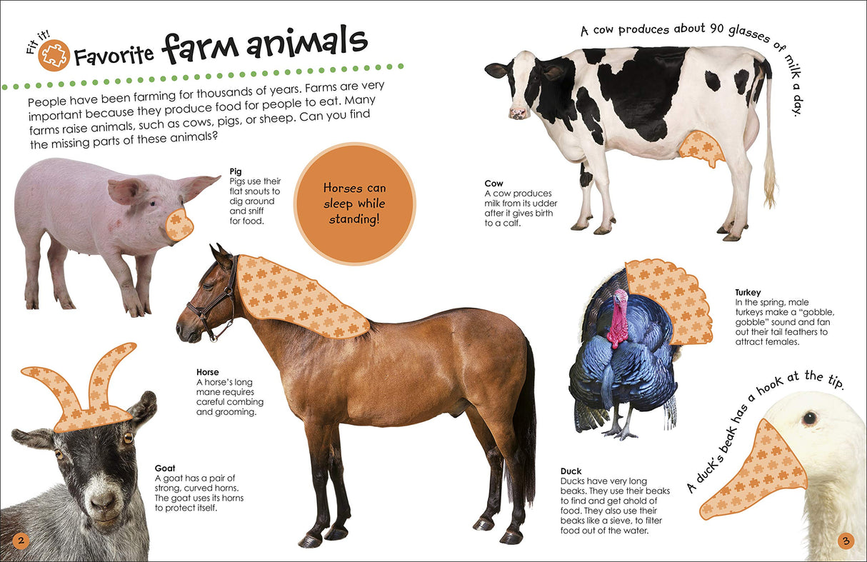 Ultimate Sticker Book | Farm showing farm animals like cow, horse, pig, goat, turkey, and duck with fun facts and activities.