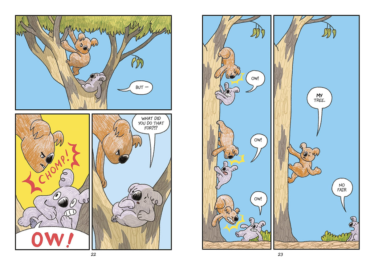 Surviving the Wild: Rainbow the Koala graphic novel pages showing Rainbow’s tree struggle and playful kookaburra antics.