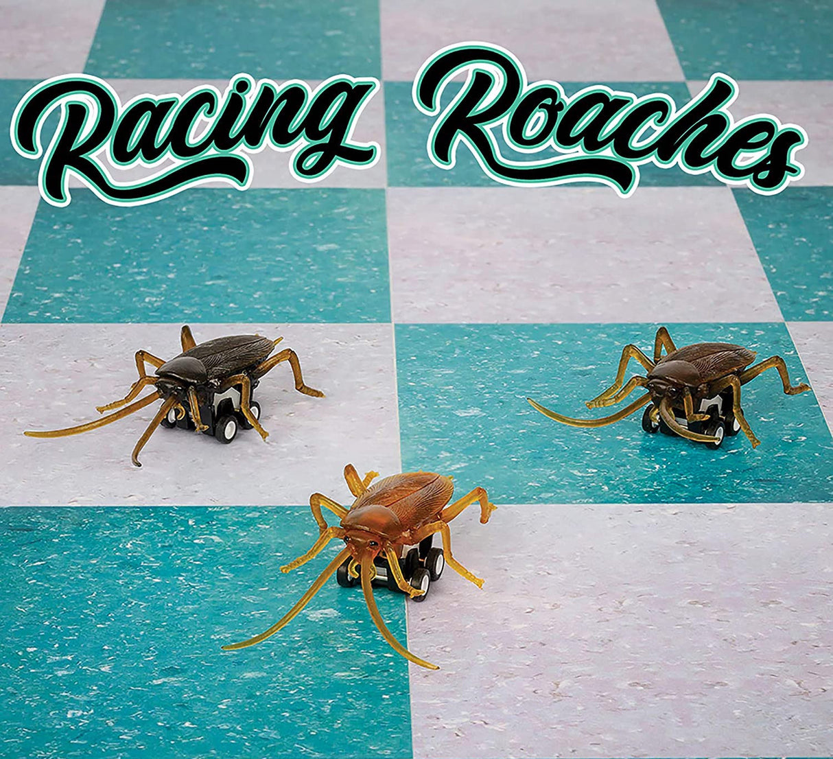 Racing Roach toy cockroaches on wheels ready to race on a checkered floor, realistic and fast action pull-back toys.