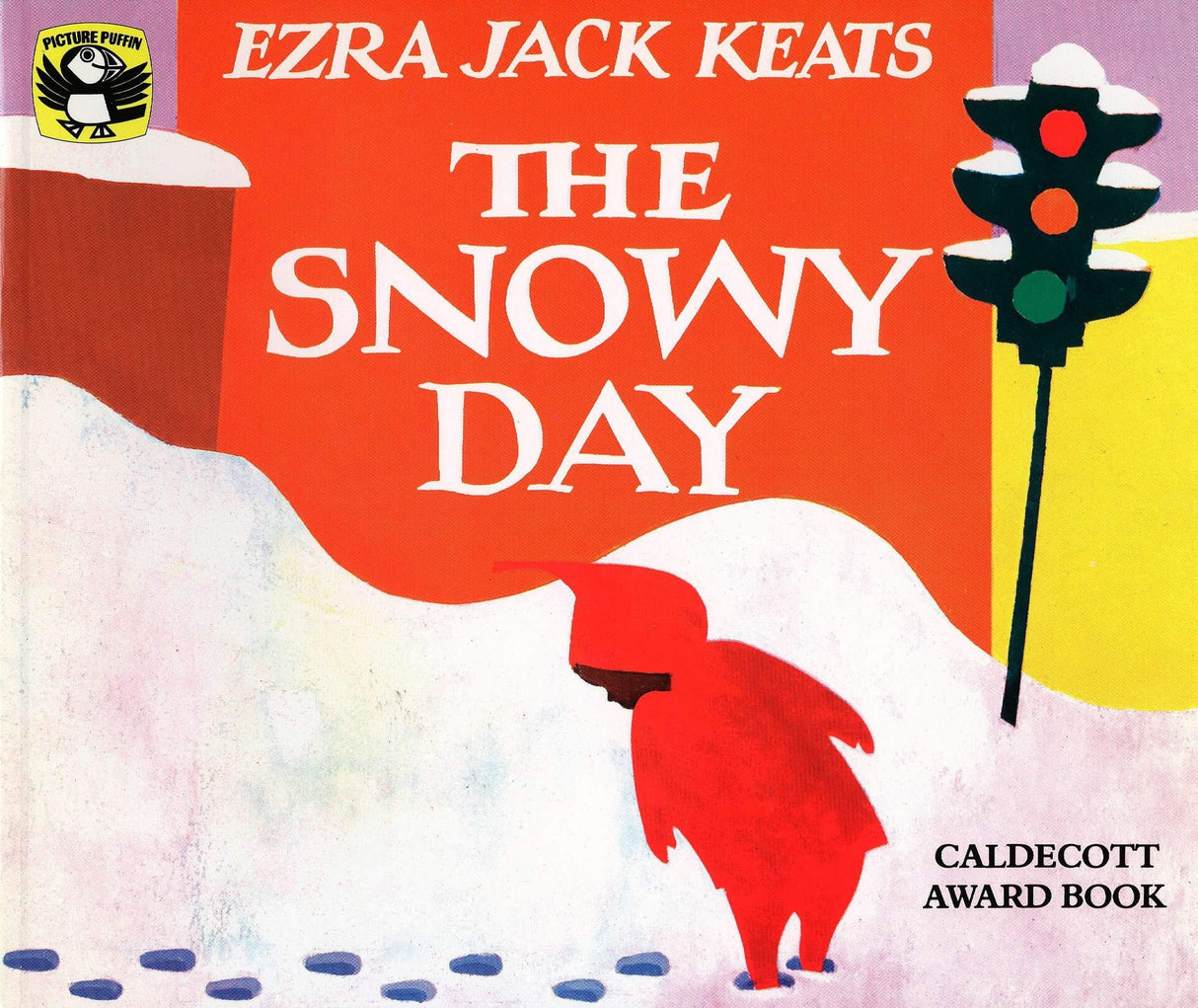 Cover of the board book The Snowy Day by Ezra Jack Keats showing a child in a red snowsuit in the snow.