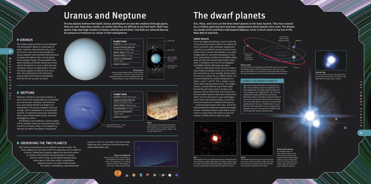 Starfinder showing detailed illustrations and information about Uranus, Neptune, and dwarf planets in the solar system.