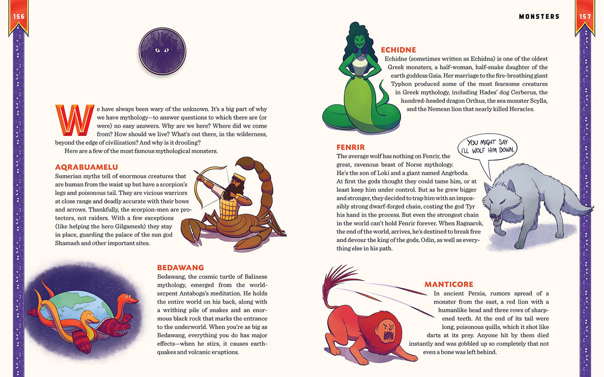 Gods and Heroes: Mythology Around the World showing illustrated mythical creatures and gods with descriptive text from the encyclopedia.