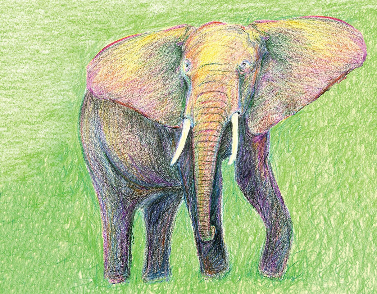 Colored pencil drawing of an elephant on green grass made with Eco Colored Pencils by Faber-Castell.
