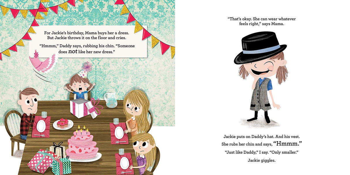 Illustration from Jack, Not Jackie showing a family at a birthday party and Jackie wearing her dad’s hat and vest.