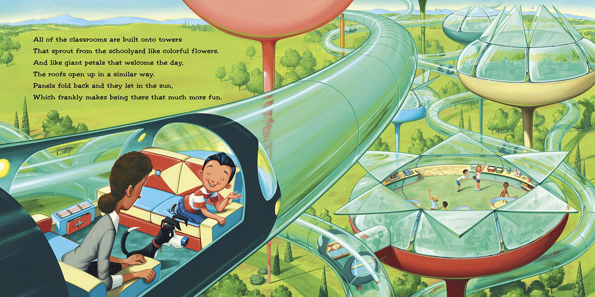 Illustration from If I Built a School showing futuristic classrooms with glass tubes and children learning in a creative school setting.