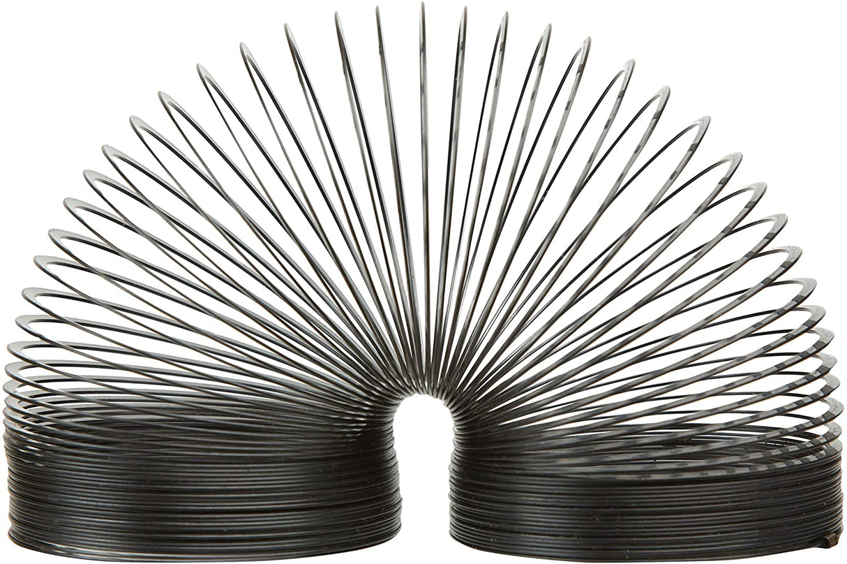 Black metal Slinky stretched in a wave shape, showcasing the Slinky Collector Edition's classic design.