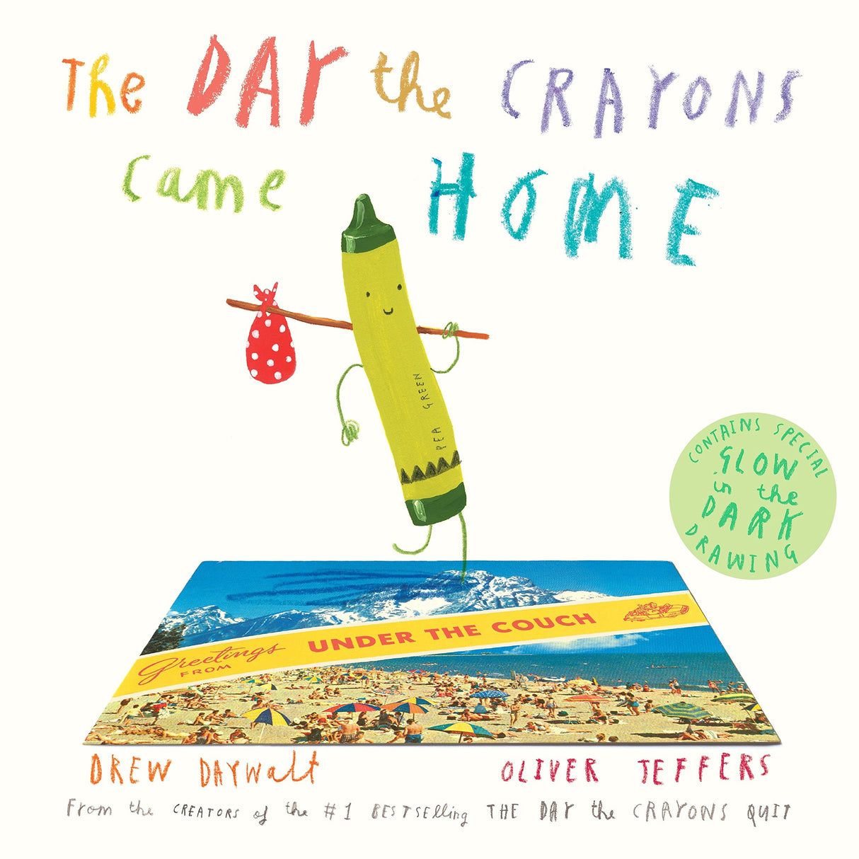 The Day the Crayons Came Home book cover with a walking green crayon holding a red polka dot bag.