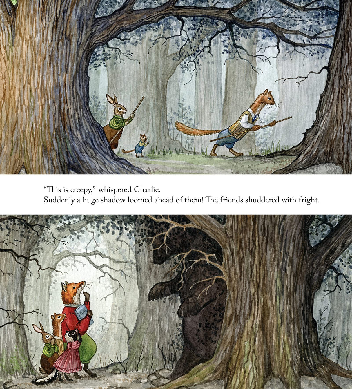 Illustration from Hector Fox and the Giant Quest showing woodland friends encountering a giant shadow in the forest.