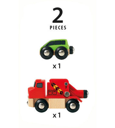 Tow Truck toy set with a red tow truck and green car, designed for ages 3+ for imaginative play.