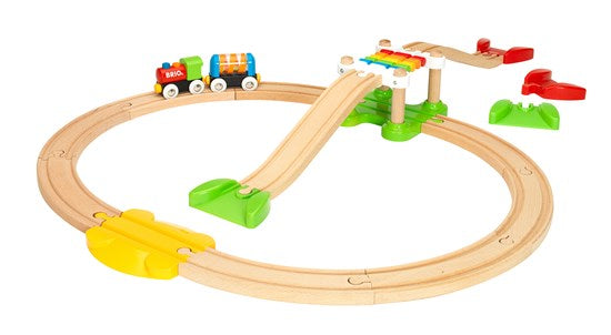 My First Railway Pack wooden train set with colorful rainbow bridge and circular track for toddlers 18 months plus.
