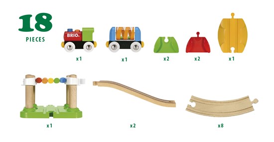 My First Railway Pack showing 18 wooden train and track pieces including bridge, ramps, and colorful train cars for toddlers.