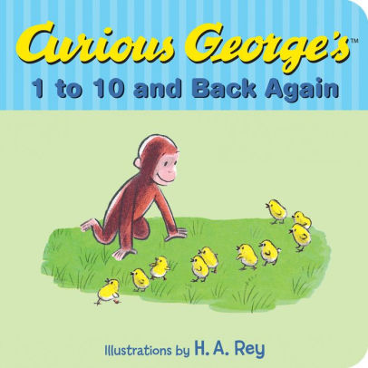 Curious George 1-10 and Back Again board book cover showing Curious George with yellow chicks on green grass.