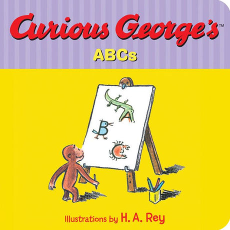 Curious George's ABC featuring Curious George looking at a board with letters shaped like animals and objects.