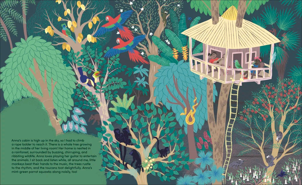 My Perfect Cabin shows a colorful treehouse in a lush rainforest filled with birds and dense tropical foliage.