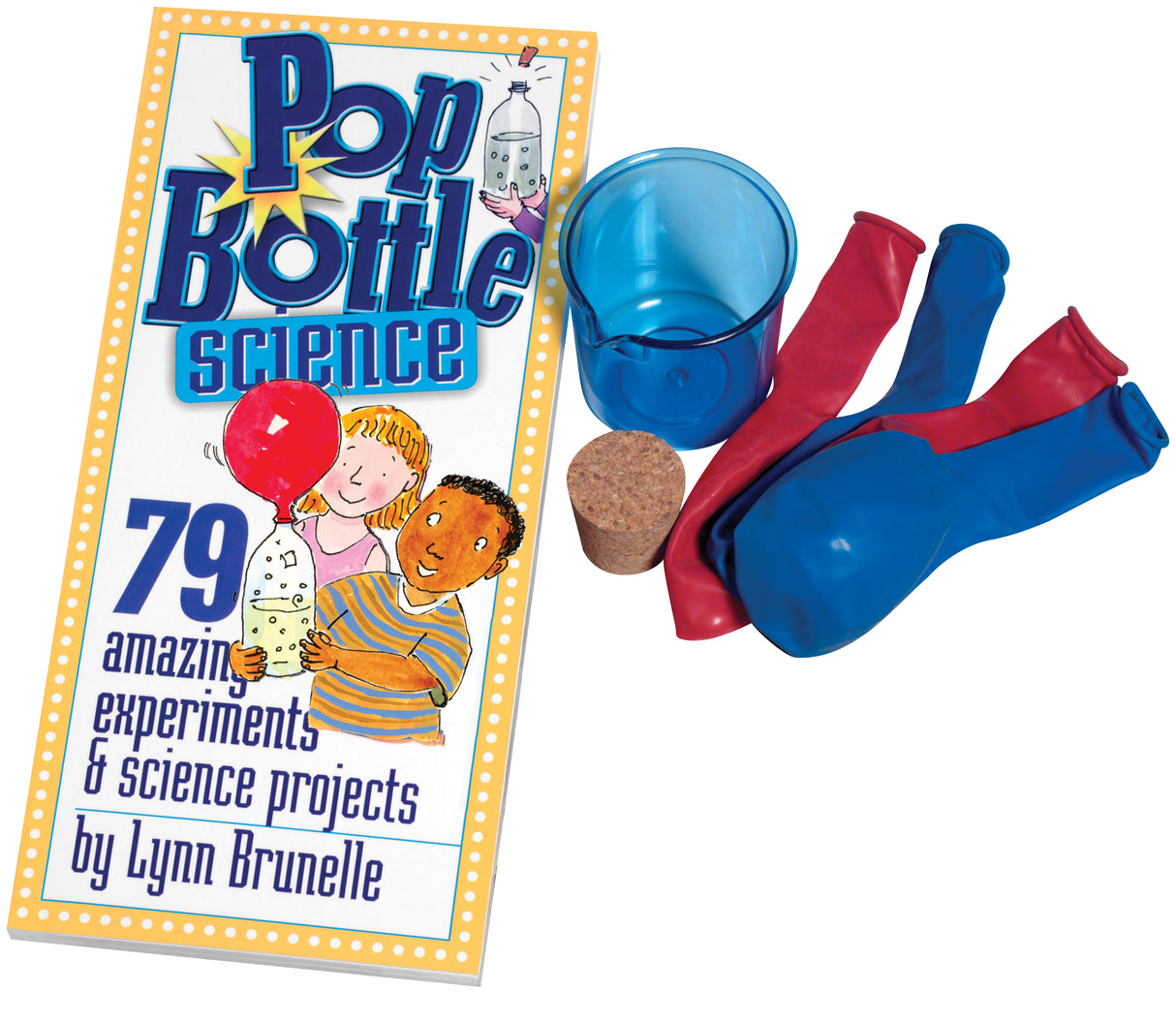 Pop Bottle Science kit with balloons, cup, cork stopper, and illustrated guide for 79 hands-on science experiments.