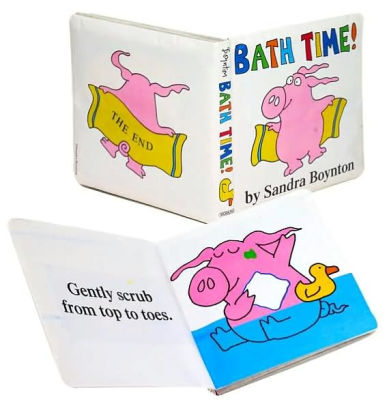Bath Time book by Sandra Boynton featuring a playful pink pig and waterproof pages for kids' bath fun.