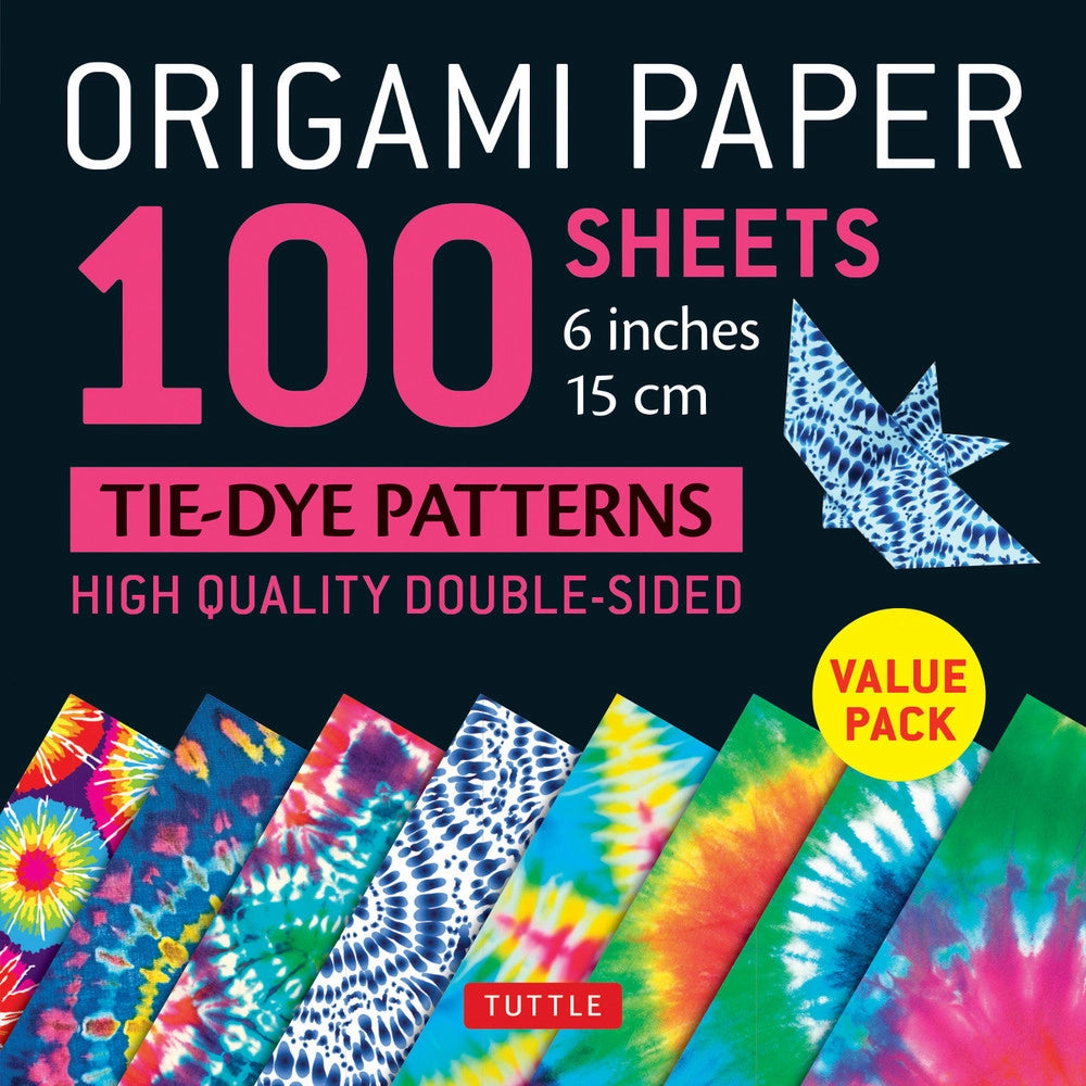 Origami Paper Tie-Dye Patterns pack with 100 vibrant double-sided sheets in 8 unique colorful designs.