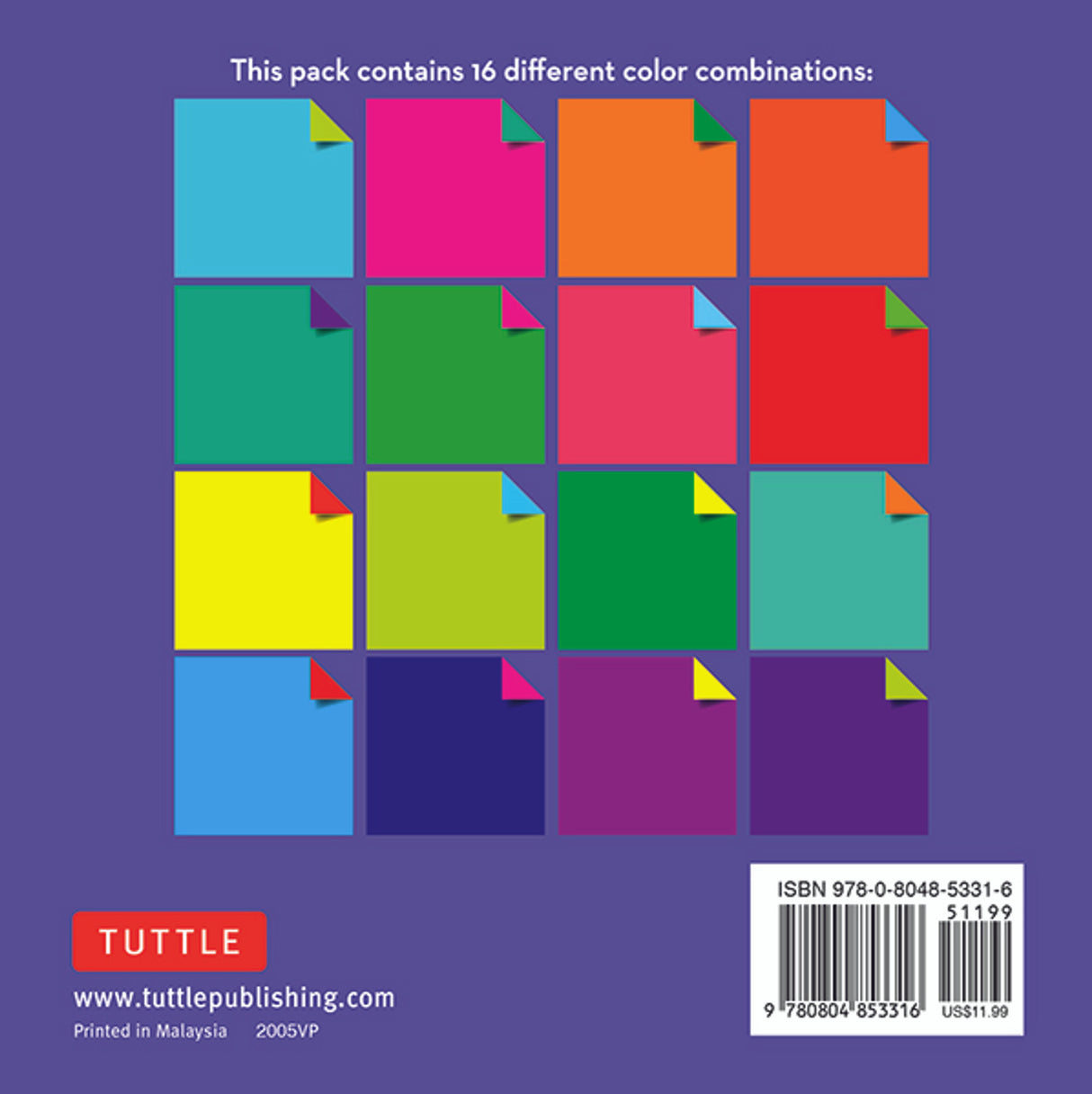 Origami Rainbow Paper Pack showing 16 double-sided colorful origami paper sheets with unique color combinations.