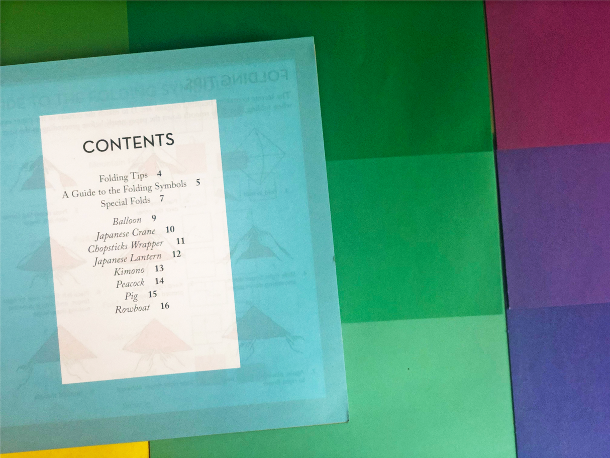 Origami Rainbow Paper Pack showing colorful double-sided origami sheets and a contents page with folding instructions.