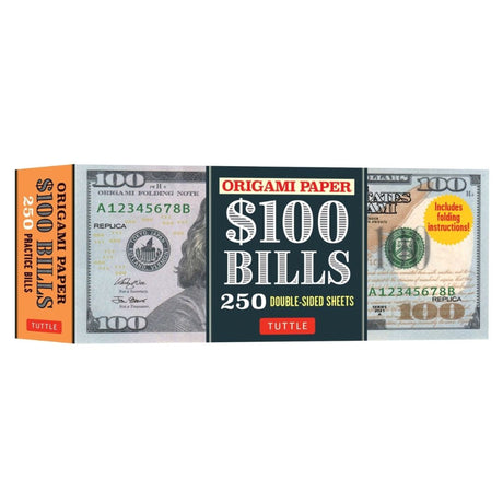 Origami Paper $100 Bills pack with 250 double-sided practice sheets and folding instructions for money origami projects.