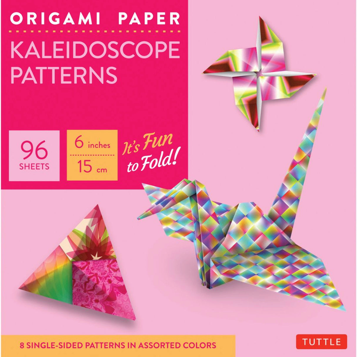 Origami Paper Kaleidoscope Patterns with 96 sheets of colorful 6-inch paper and example origami models displayed.