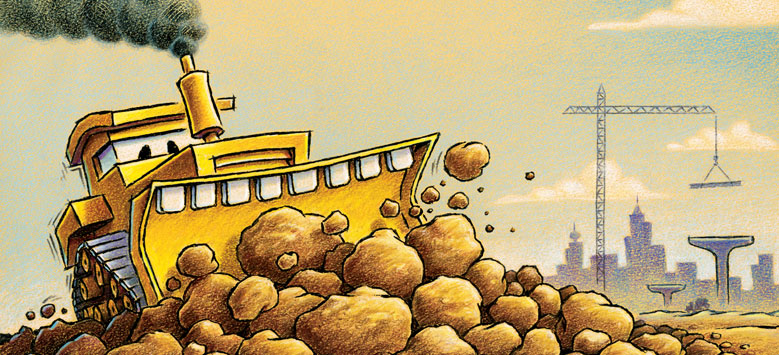 Goodnight, Goodnight Construction Site features a smiling bulldozer pushing dirt as the sun sets behind the city.