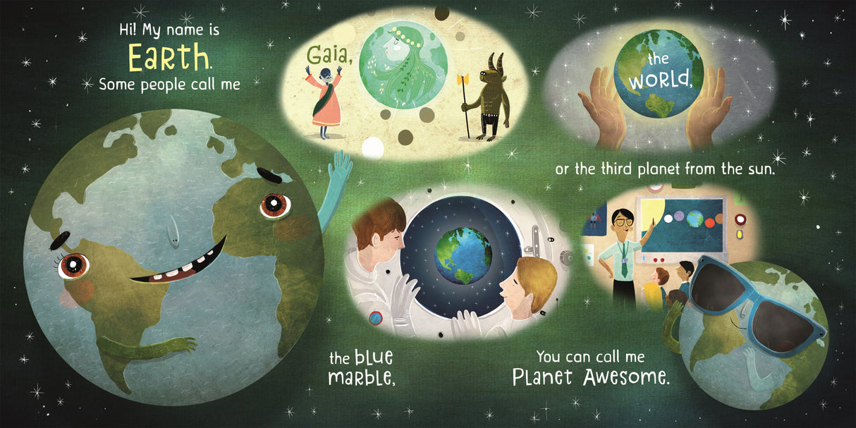 Illustration from Earth! My First 4.54 Billion Years showing Earth introducing herself as Planet Awesome.