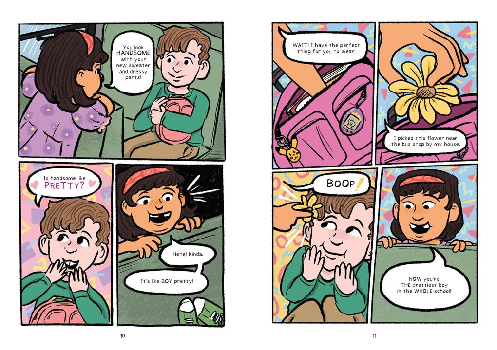 Illustrated scenes from "Other Boys" showing a boy receiving a new sweater and a flower for a school day.