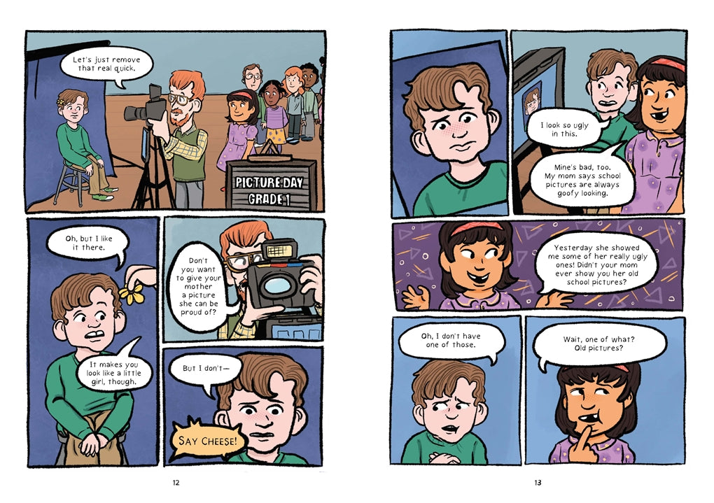 Other Boys book panels showing school picture day and kids discussing feeling ugly and teasing among classmates.