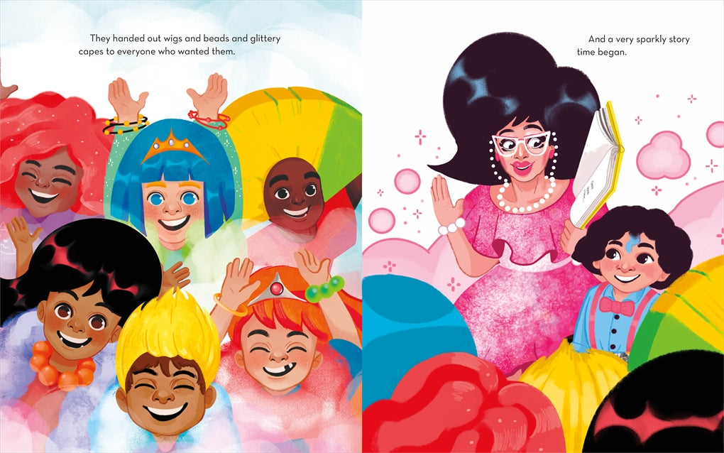 Miss Rita, Mystery Reader shows a joyful storytime with colorful wigs, glittery capes, and kids smiling in a lively classroom.