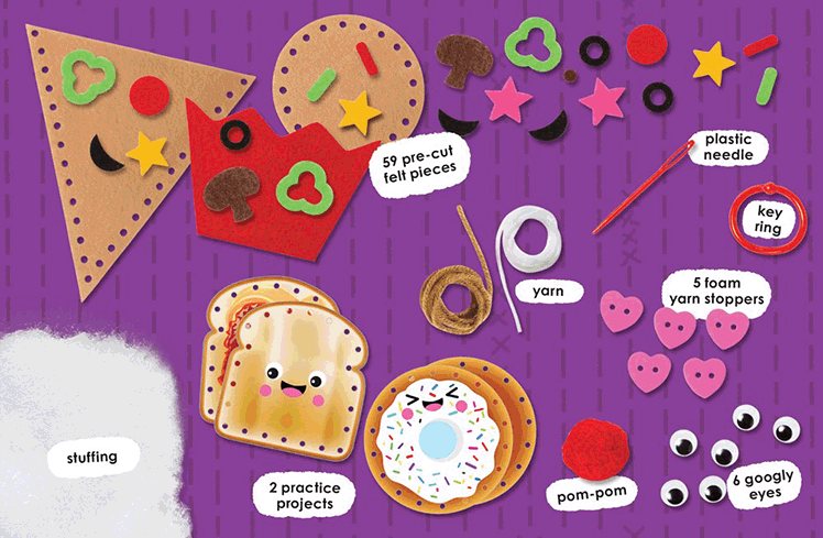 Jr My Simple Sewing kit with pre-cut felt pieces, plastic needle, yarn, googly eyes, stuffing, and key ring for kids.