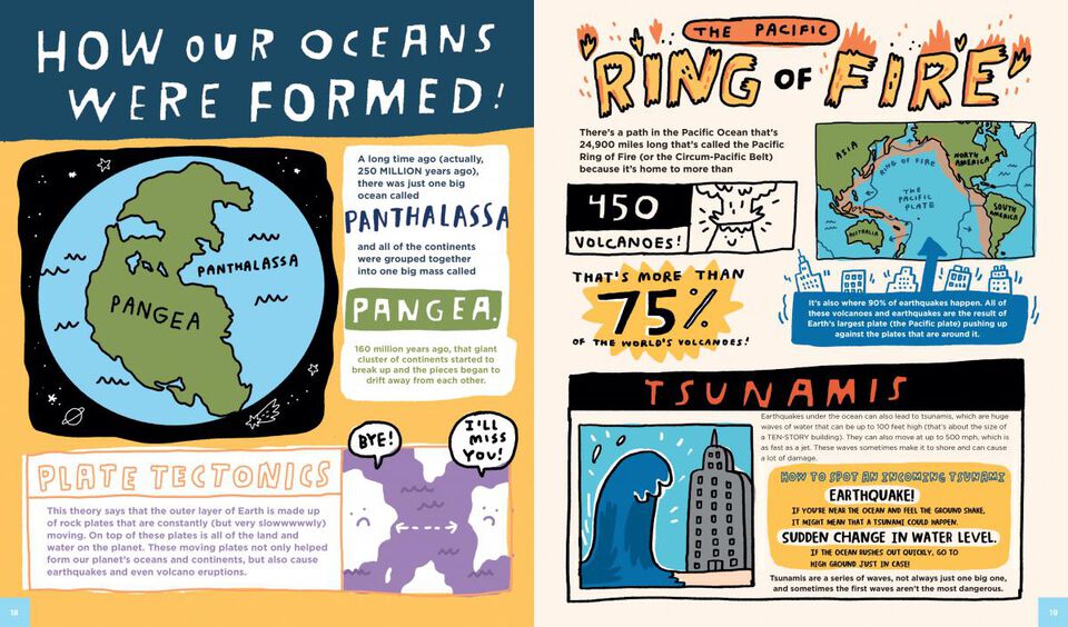 Everything Awesome About Sharks book pages showing ocean formation, Ring of Fire, and tsunamis facts in colorful comic style.