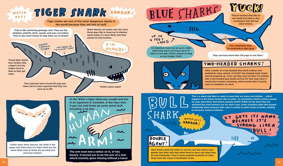 Everything Awesome About Sharks book page featuring illustrated tiger and blue sharks with fun facts for kids.