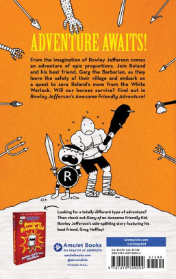 Back cover of Rowley Jefferson's Awesome Friendly Adventure book showing characters Roland and Garg the Barbarian in a fantasy quest.