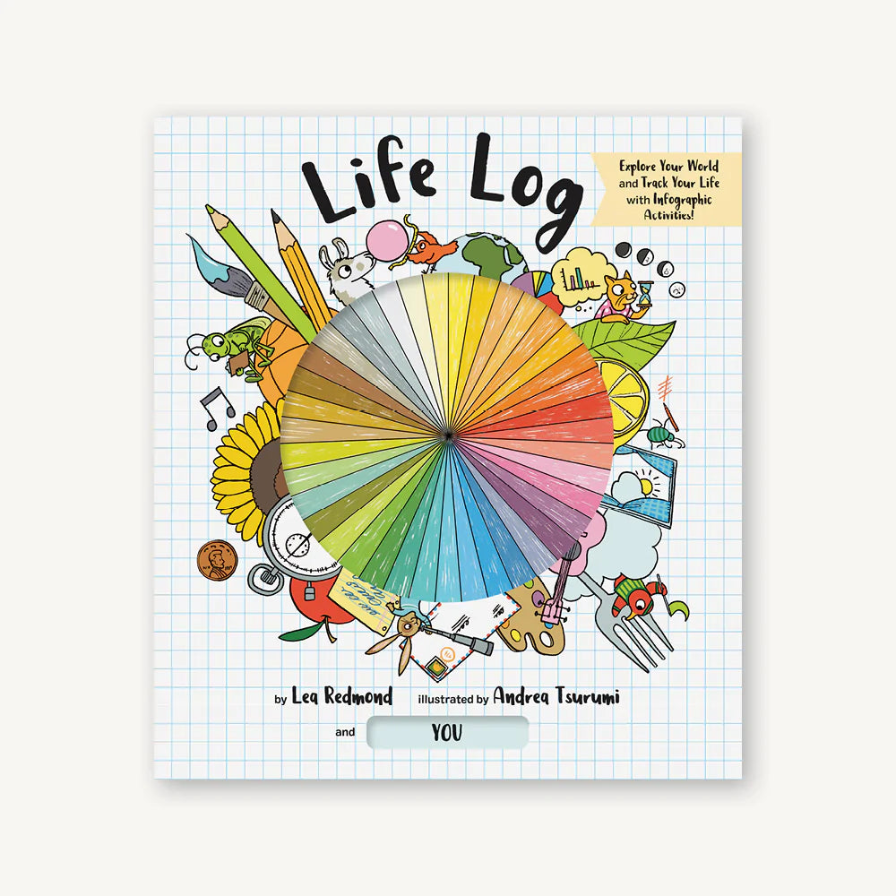 Cover of Life Log Infographic Journal with colorful pie chart and whimsical illustrations on grid background