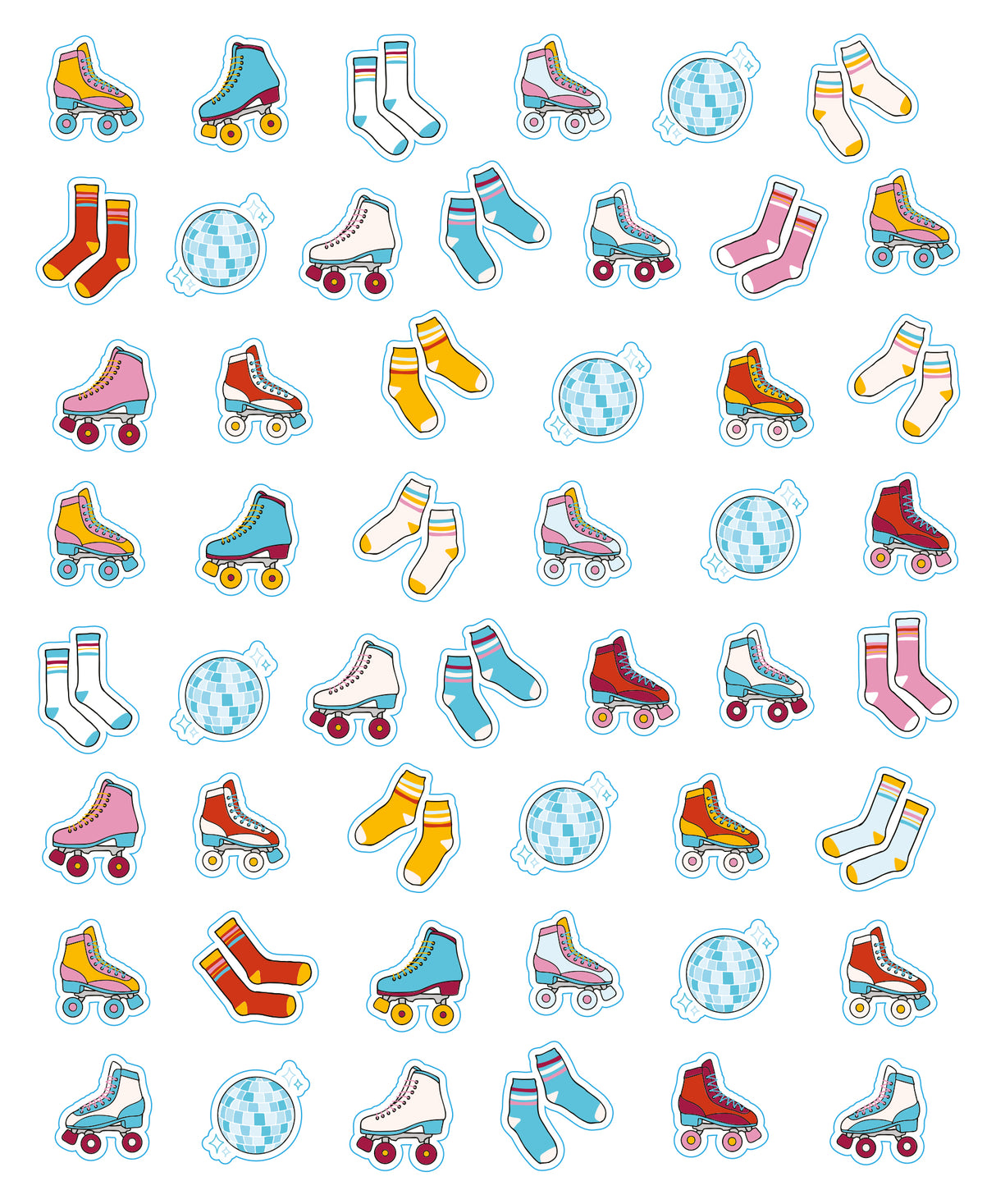 So Many Stickers! 2500 Stickerbook featuring colorful roller skate, sock, and disco ball stickers on a white background.