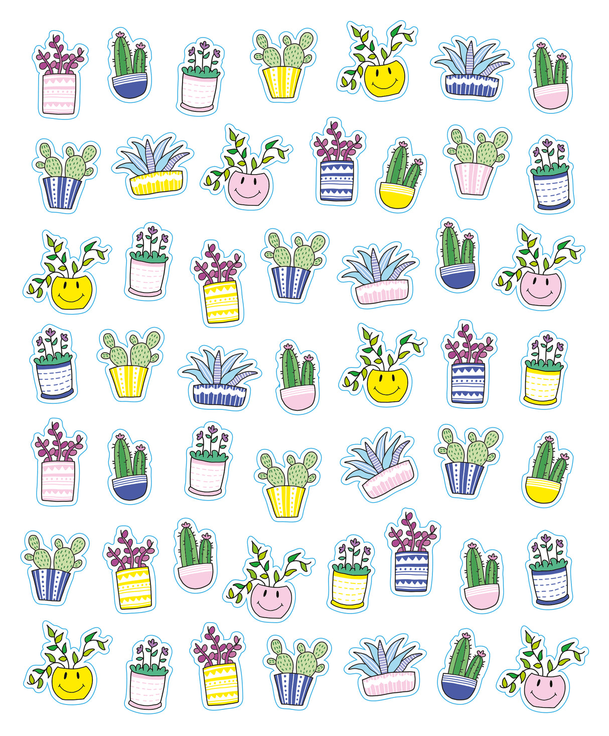 So Many Stickers! 2500 Stickerbook featuring colorful plant and cactus stickers in various cheerful pots.