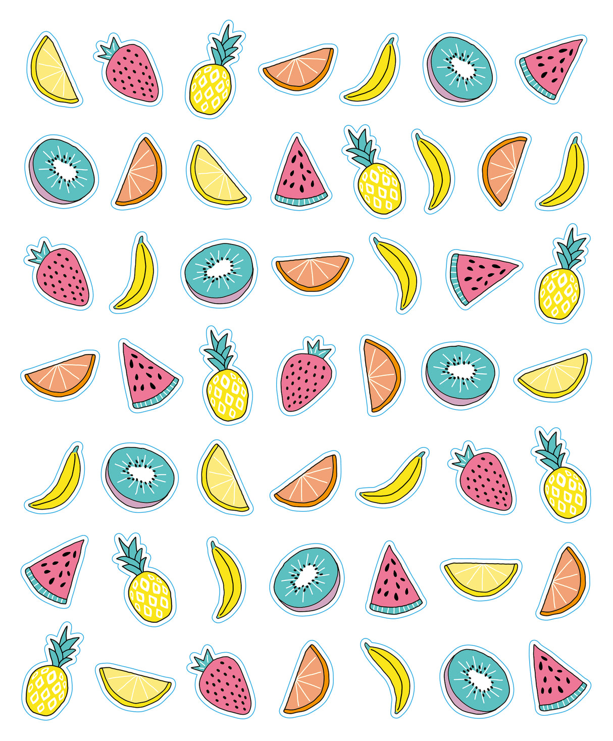 So Many Stickers! 2500 Stickerbook page featuring colorful fruit-themed stickers including strawberries, bananas, pineapples, and kiwis.