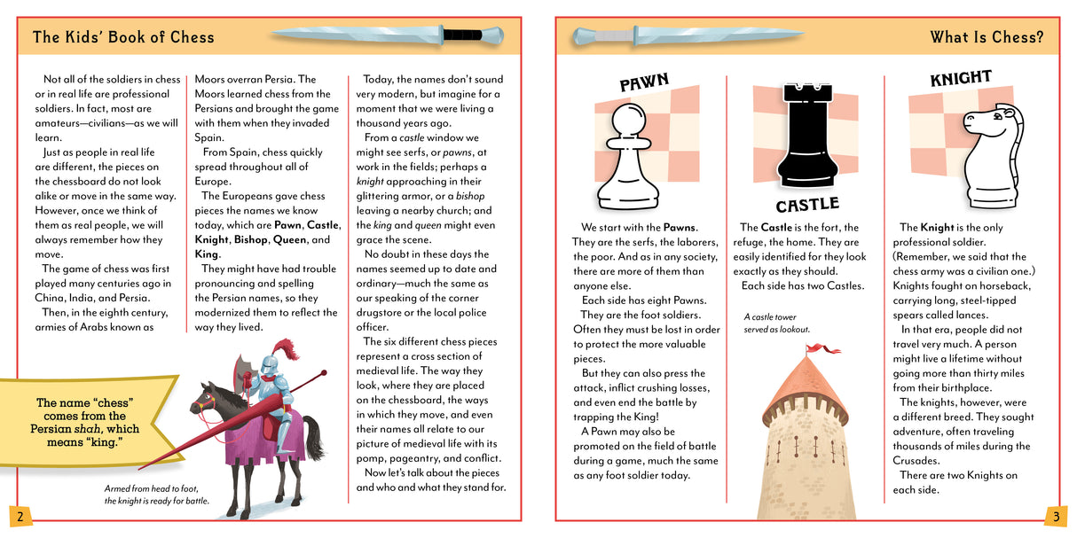 Kids Book of Chess & Kit open to illustrated pages explaining chess history, pieces, and game basics with colorful text and images.