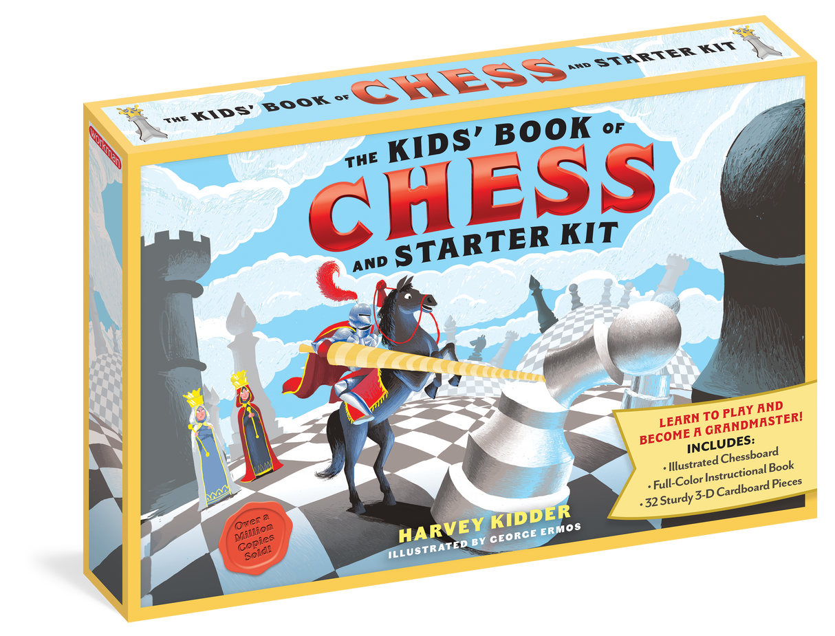 Kids Book of Chess & Kit featuring an illustrated chessboard, 32 cardboard pieces, and a full-color instructional book.
