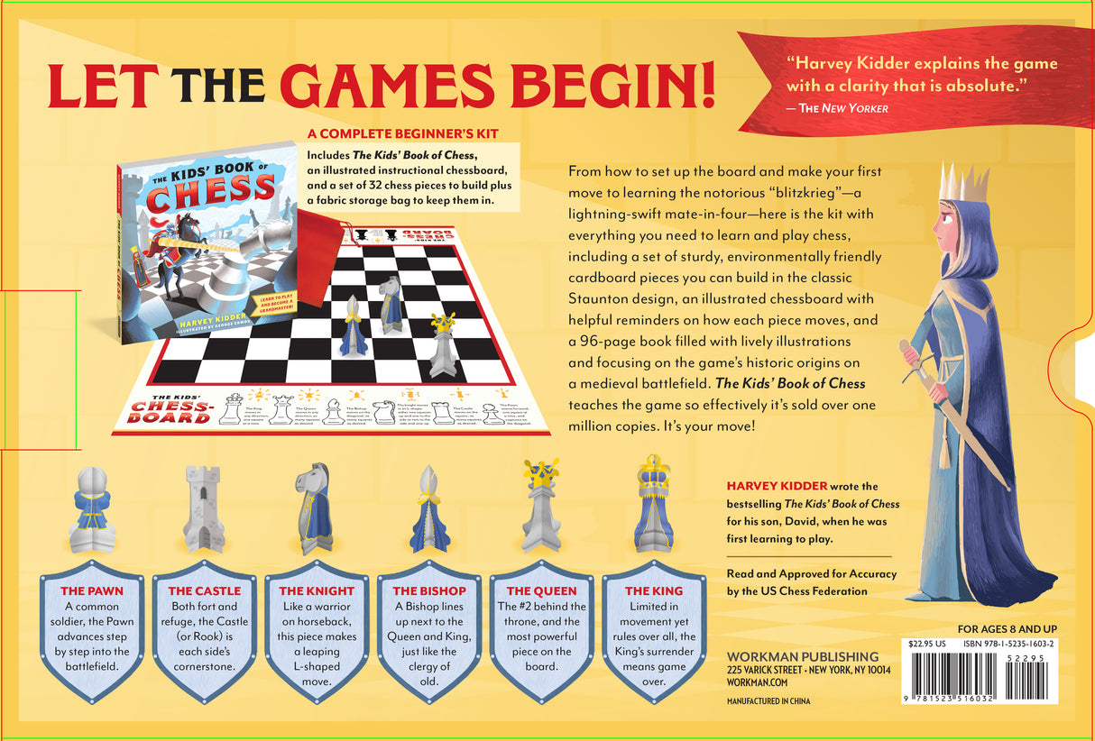 Kids Book of Chess & Kit with instructional chessboard, 32 cardboard pieces, and illustrated beginner’s book for kids 8 and up.