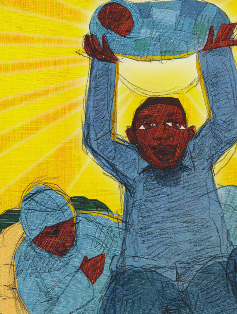 Illustration from Underground showing two figures with a basket raised against a bright yellow background.