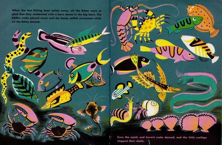 Deep Sea Farm colorful underwater scene with fanciful fish, crabs, snails, and hermit crabs in a vibrant ocean setting.