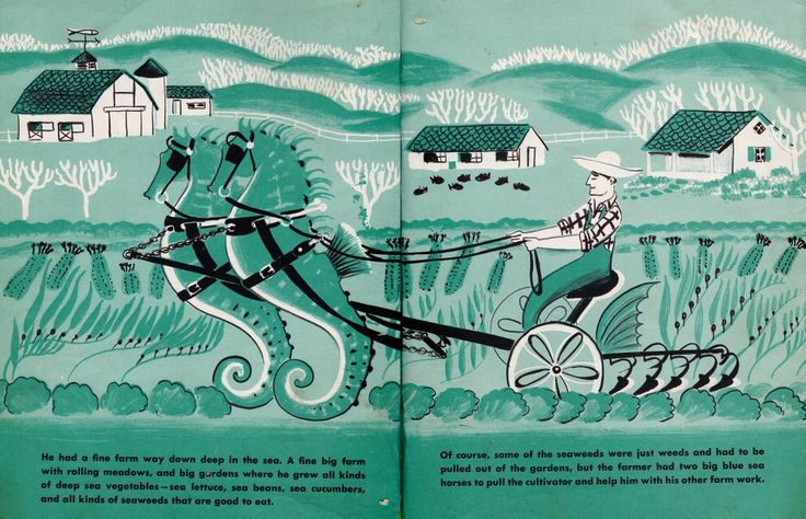 Deep Sea Farm shows a merman farmer and two seahorses harvesting sea vegetables in underwater fields.